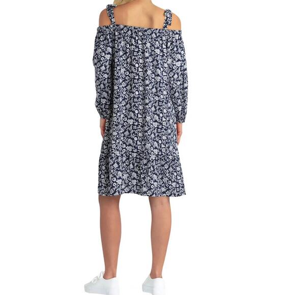 Gigi Parker Floral-Print Cold Shoulder Dress in Navy and White - M - Picture 2 of 5